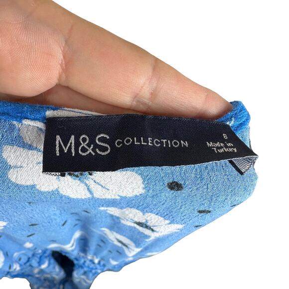 M&S COLLECTION Blue White Floral V-Neck Button Midi Dress Size US 4 Boho‎ Preppy - Picture 5 of 9